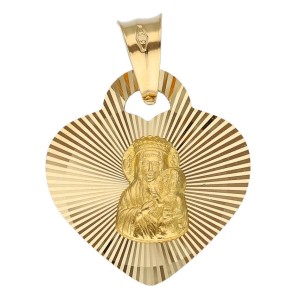 Zawieszka Złota - Medalik Matka Boska Częstochowska w Średnim Grawerowanym Sercu II
