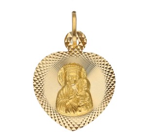 Zawieszka Złota - Medalik Matka Boska Częstochowska w Średnim Grawerowanym Sercu III