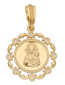 Zawieszka Złota - Medalik Vintage Matka Boska Częstochowska z Cyrkonią Białą