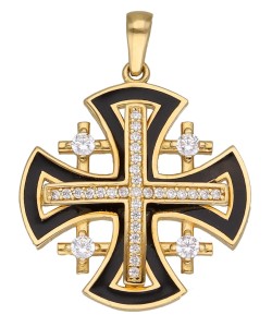 Zawieszka Złota - Krzyż Jerozolimski z Białą Cyrkonią
