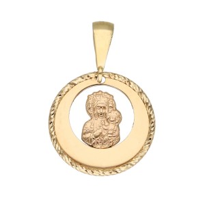 Zawieszka Złota - Medalik Matka Boska Częstochowska w Grawerowanym Małym Kole II