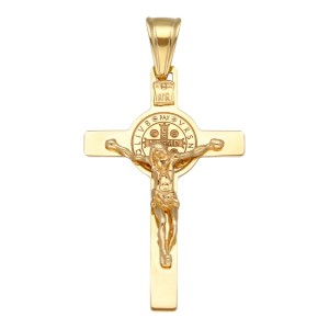 Zawieszka Złota - Krzyż Duży z Medalikiem Św. Benedykta oraz Jezusem