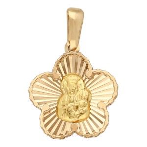 Zawieszka Złota - Medalik Matka Boska Częstochowska w Małym Grawerowanym Kwiatku