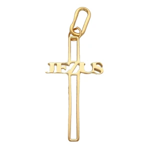 Zawieszka Złota - Krzyżyk Przestrzenny z Napisem Jezus