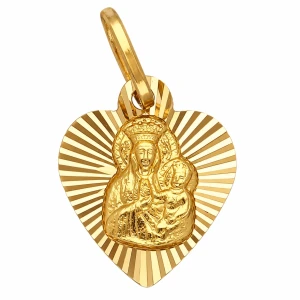 Zawieszka Złota - Medalik Matka Boska Częstochowska w Małym Grawerowanym Sercu III